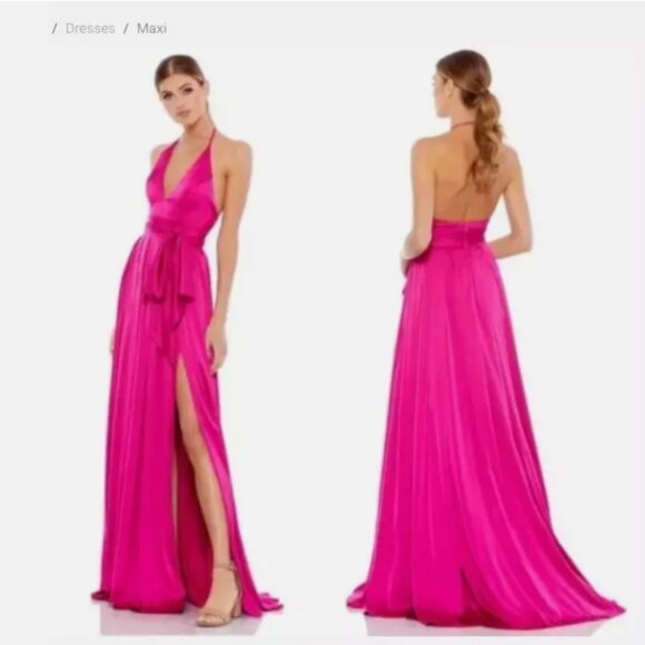 MAC DUGGAL 26531 CHARMEUSE HALTER STRAP SOFT TIE WAIST MAGENTA GOWN 2 - Picture 1 of 4